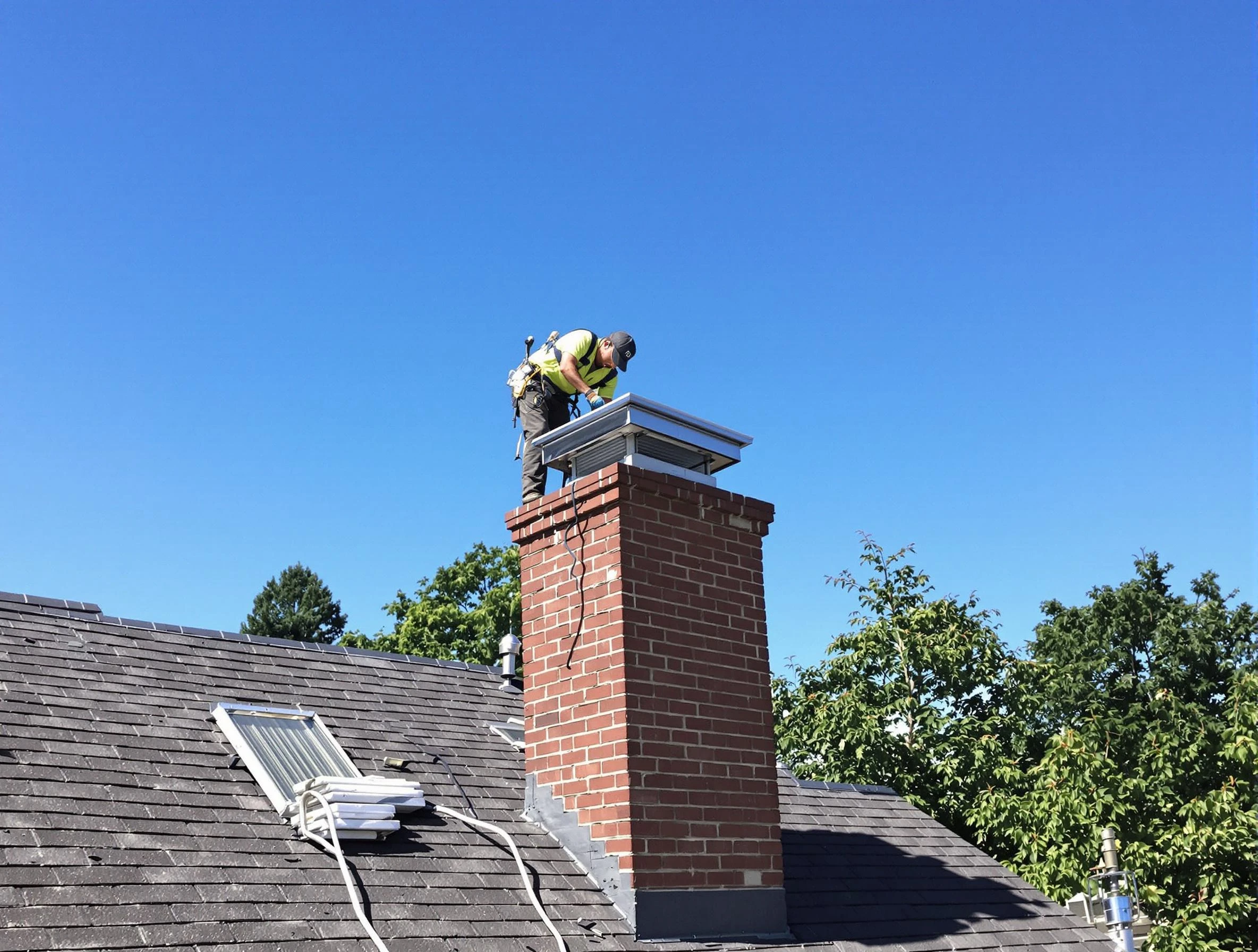 Somerville Chimney Sweep technician measuring a chimney cap in Somerville, MA