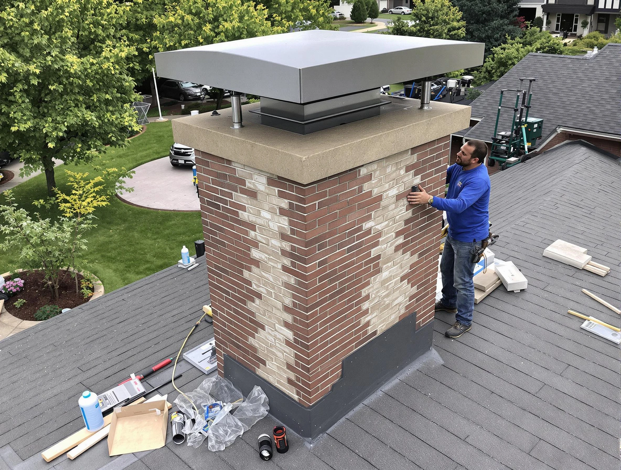 Somerville Chimney Sweep team working on a custom chimney remodel in Somerville, MA